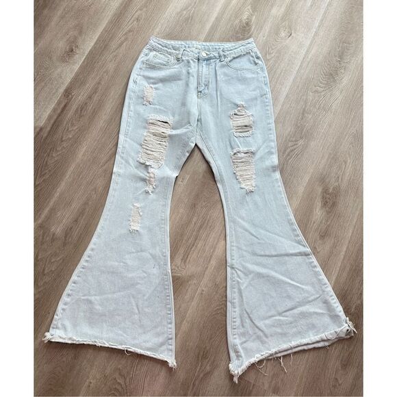 SHEIN Frayed Flare‎ Leg Light Blue Denim Jeans Pants Ripped Destroyed High Waist - Picture 1 of 7